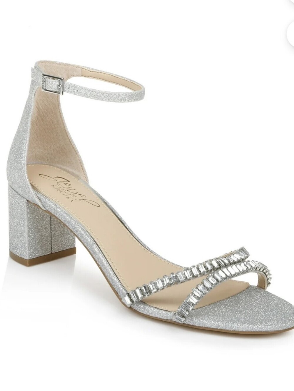 Badgley Mischka NEW IN BOX Silver Glitter Rhinestone Ankle-Strap Block Heels